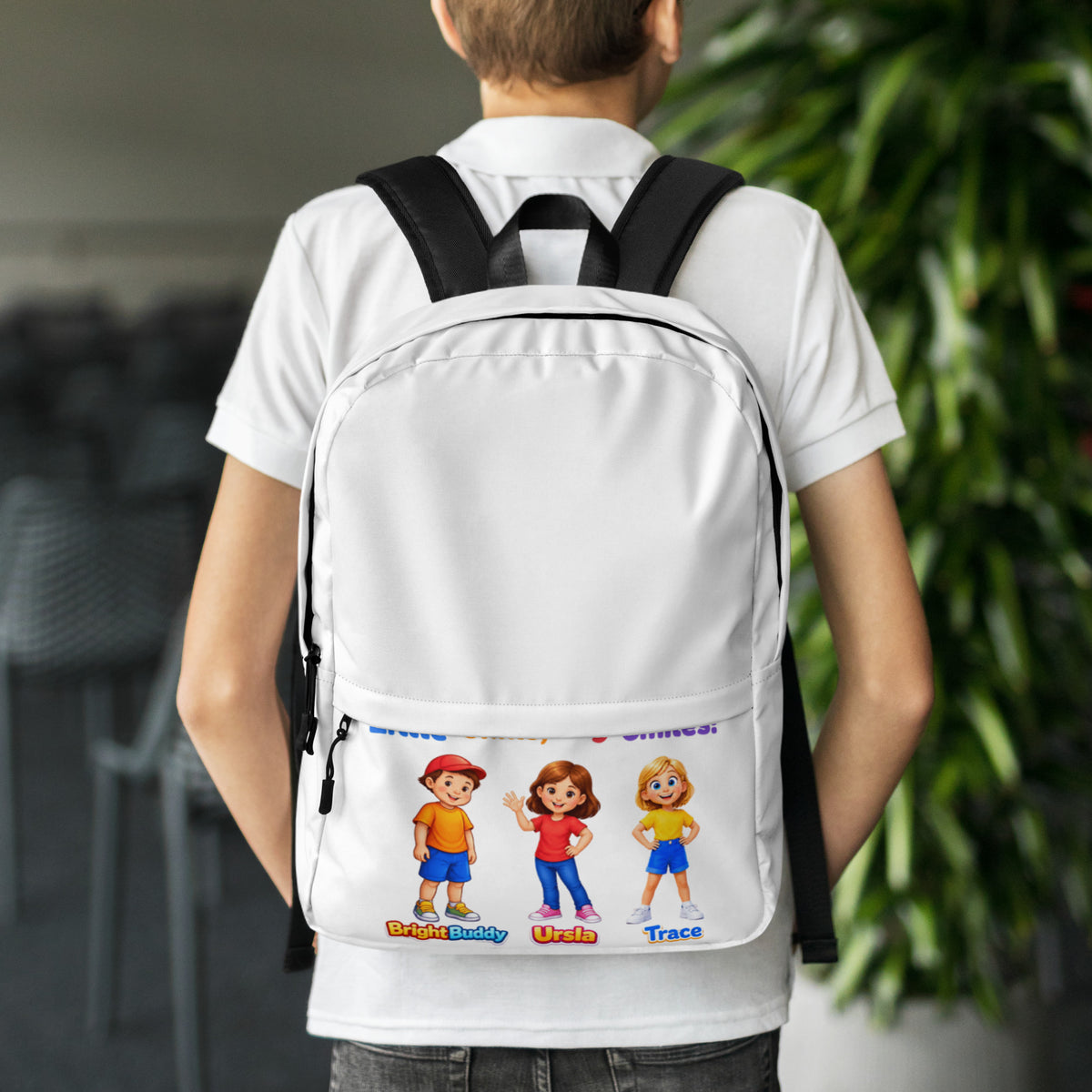 BrightBuddySkills Smart Trio kids backpack in white, printed side, worn, featuring BrightBuddy, Ursla and Trace