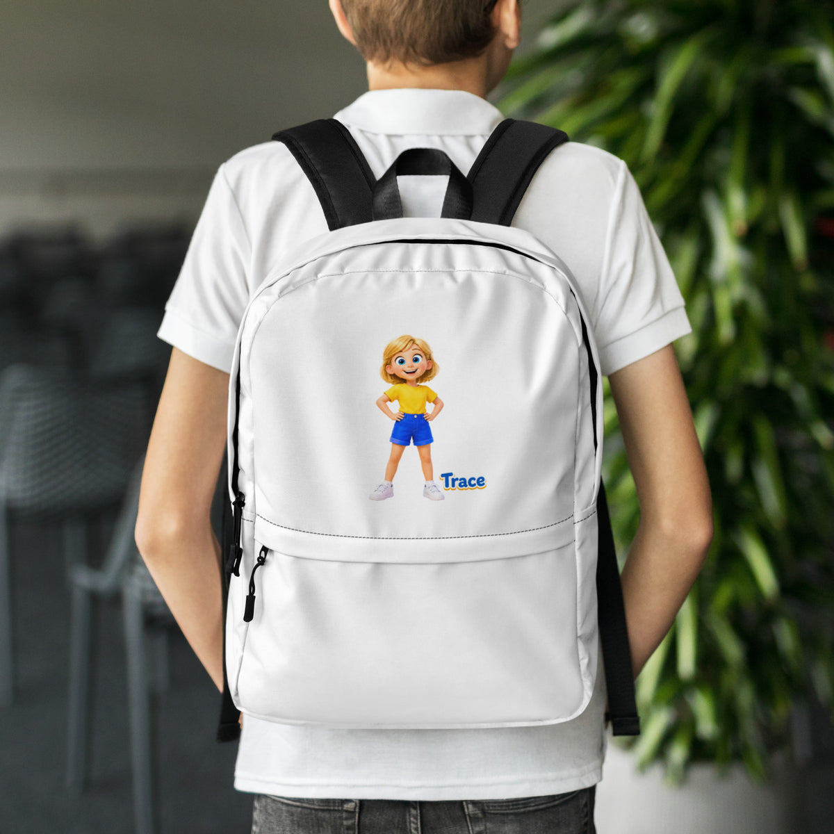 BrightBuddySkills Trace kids backpack in white, printed side, worn, featuring Trace