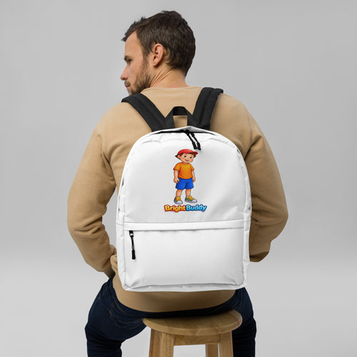 BrightBuddySkills BrightBuddy kids backpack in white, printed side, worn, featuring BrightBuddy