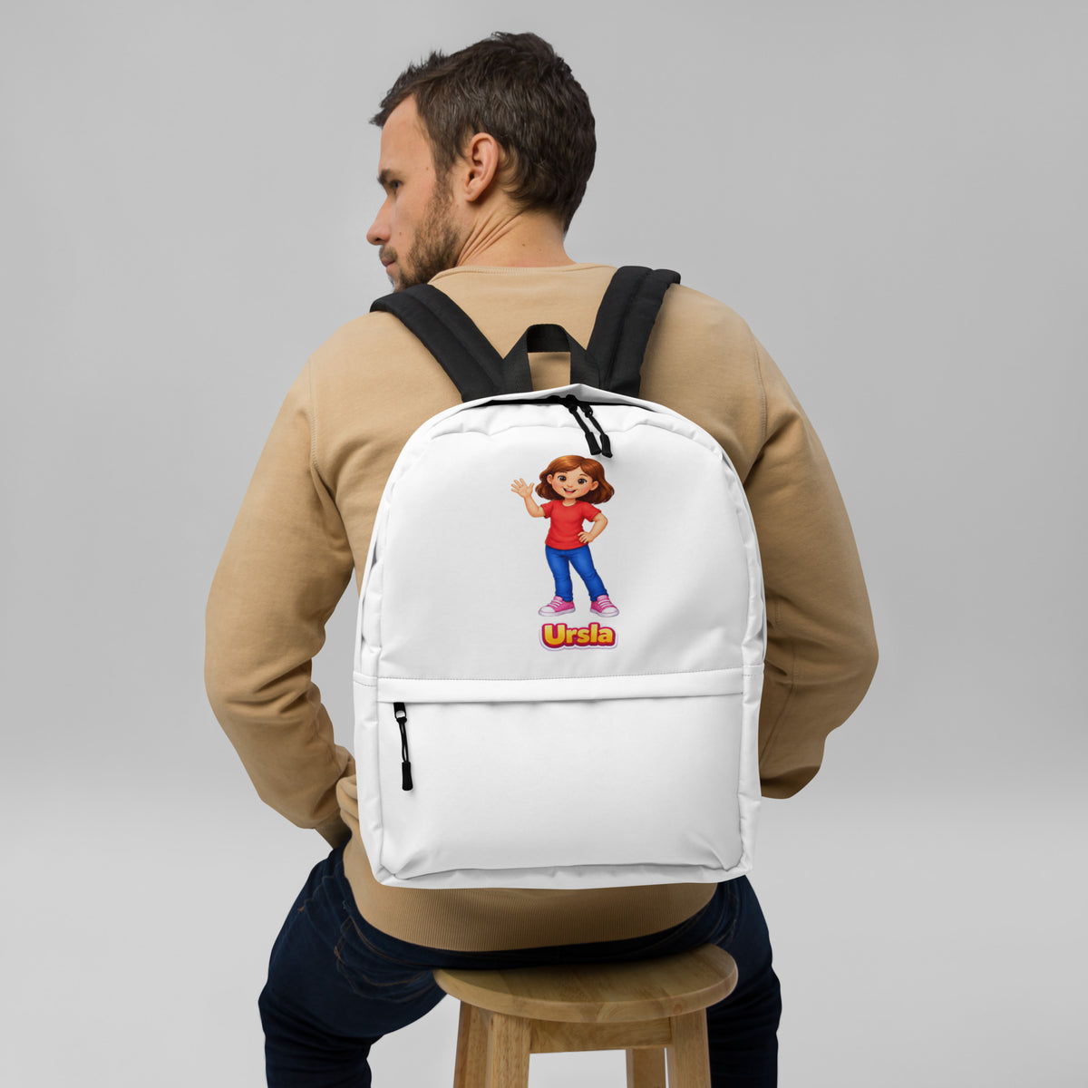 BrightBuddySkills Ursla kids backpack in white, printed side, worn, featuring Ursla
