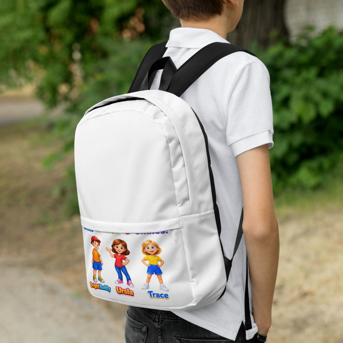 BrightBuddySkills Smart Trio kids backpack in white, right side view