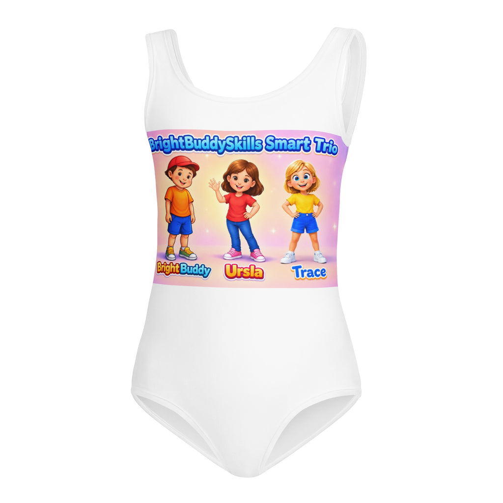 BrightBuddySkills Smart Trio Girls' Swimsuit, white, front view — product mockup
