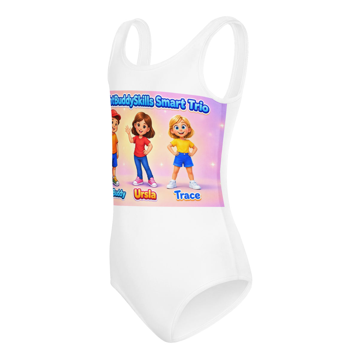 BrightBuddySkills Smart Trio Girls' Swimsuit, white, left side view — product mockup