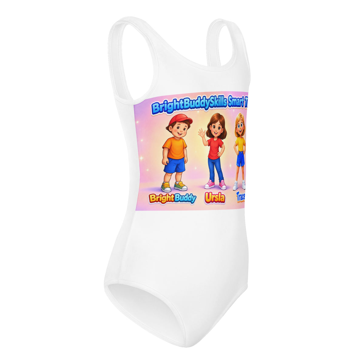 BrightBuddySkills Smart Trio Girls' Swimsuit, white, right side view — product mockup