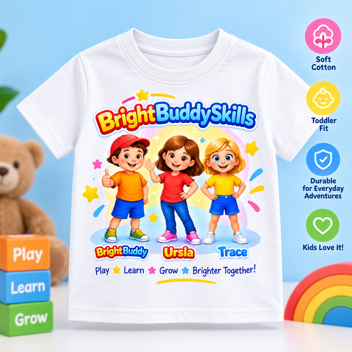 Smart Trio toddler T-shirt concept on white garment; cotton, sizes and durability claims on illustration unverified
