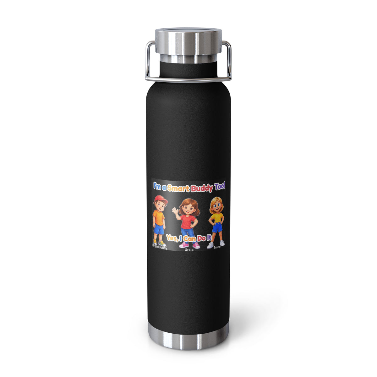 I'm a Smart Buddy Too! Insulated Bottle – Black, front view