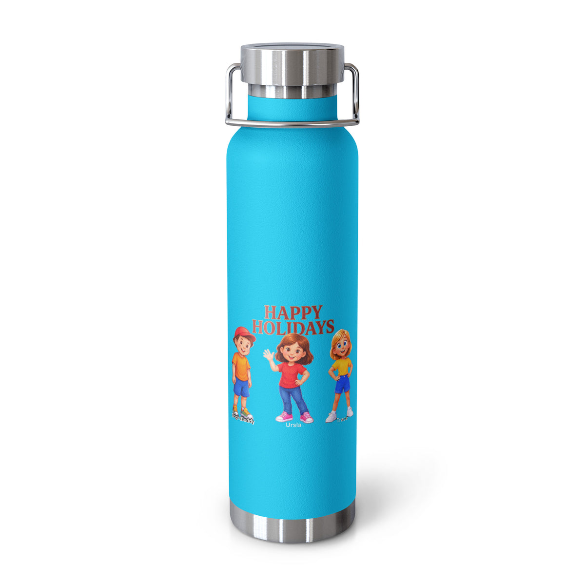 Happy Holidays Smart Trio Insulated Bottle – Pebble Blue, front view