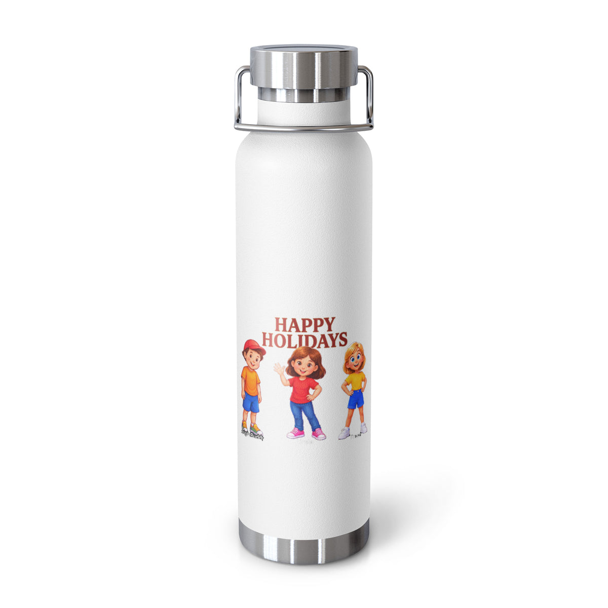 Happy Holidays Smart Trio Insulated Bottle – White, front view