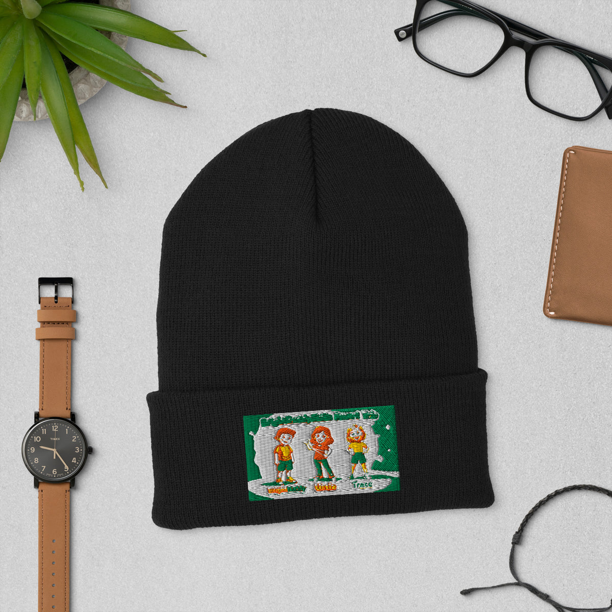 BrightBuddySkills Smart Trio cuffed beanie product mockup in black featuring character artwork