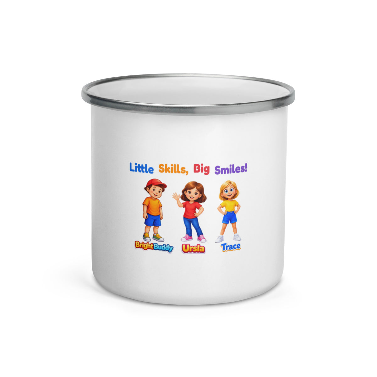 Smart Trio 12 oz white enamel mug with silver rim, front view showing BrightBuddy, Ursla and Trace