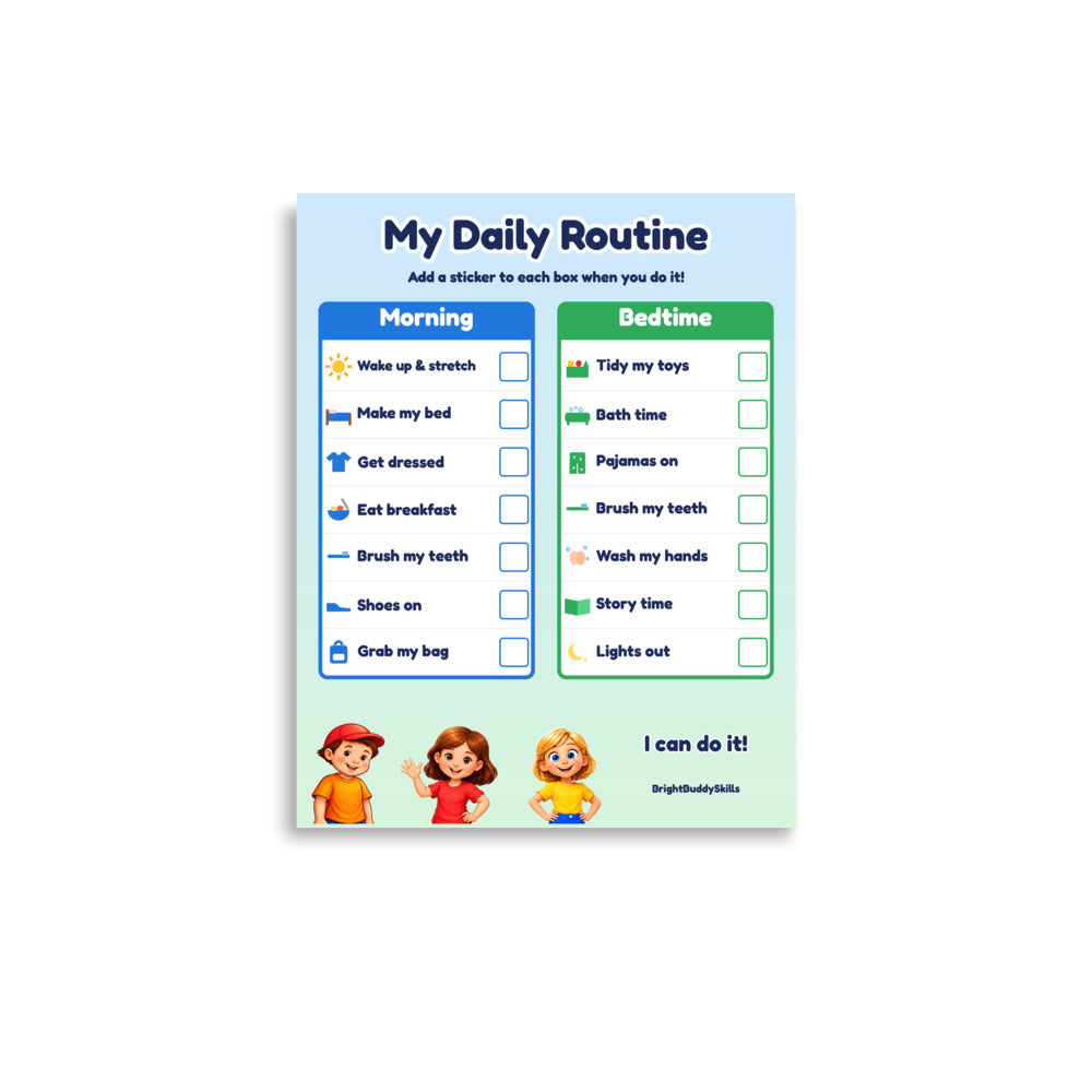Smart Trio daily routine chart poster for kids, blue and green, morning and bedtime