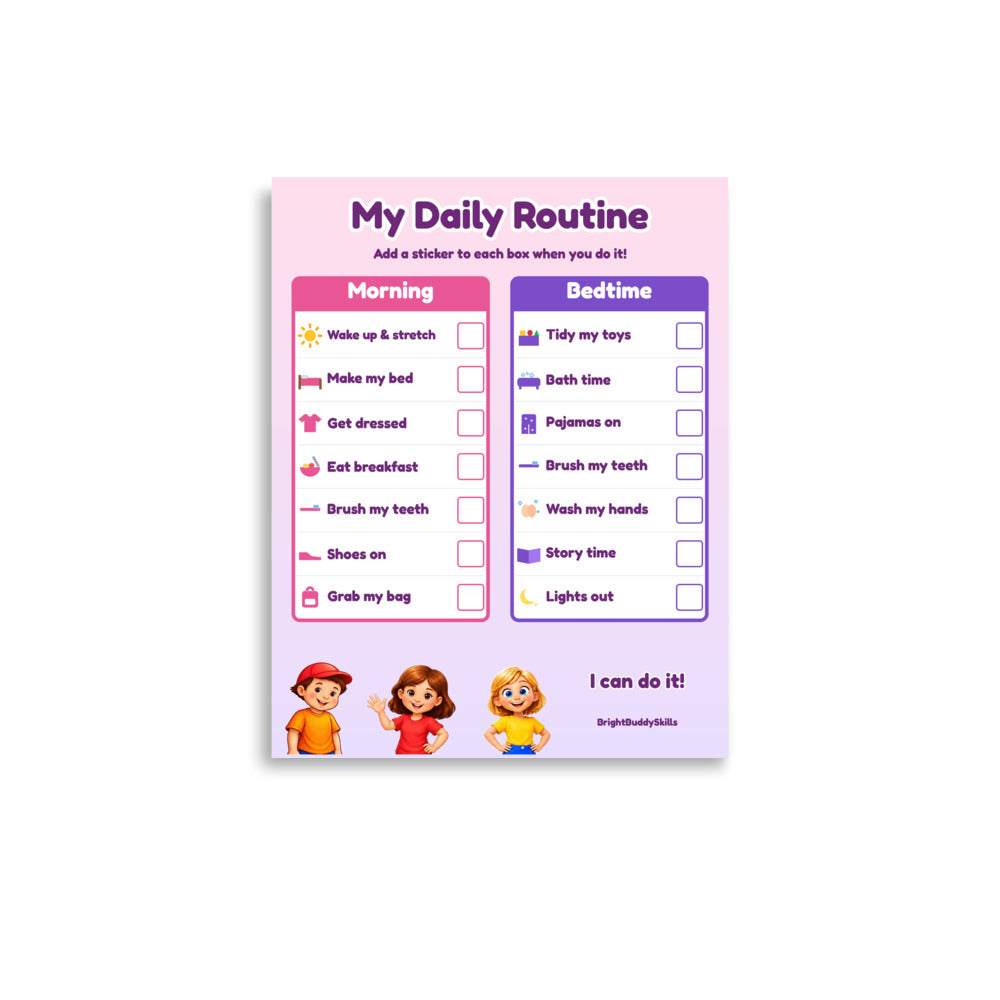 Smart Trio daily routine chart poster for kids, pink and lavender, morning and bedtime