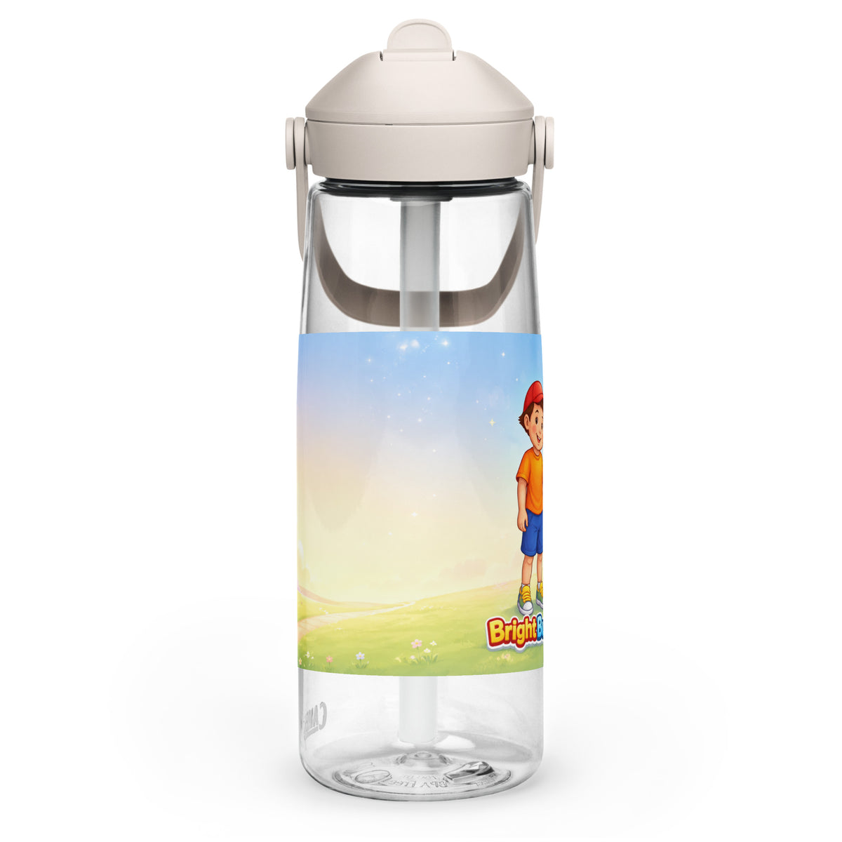 BrightBuddy 25 oz Flip-Straw Bottle, left side view — product mockup