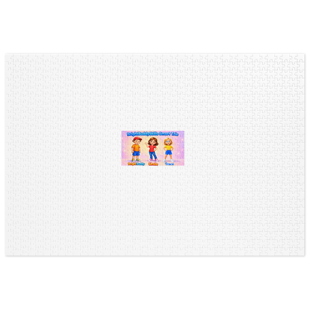 BrightBuddySkills Smart Trio jigsaw puzzle product mockup featuring BrightBuddy, Ursla and Trace; consult supplier for piece count