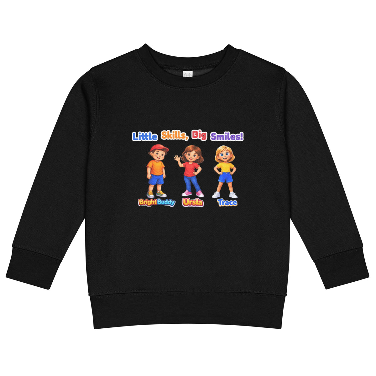 BrightBuddySkills kids crew neck sweatshirt in black, front view, featuring BrightBuddy, Ursla and Trace