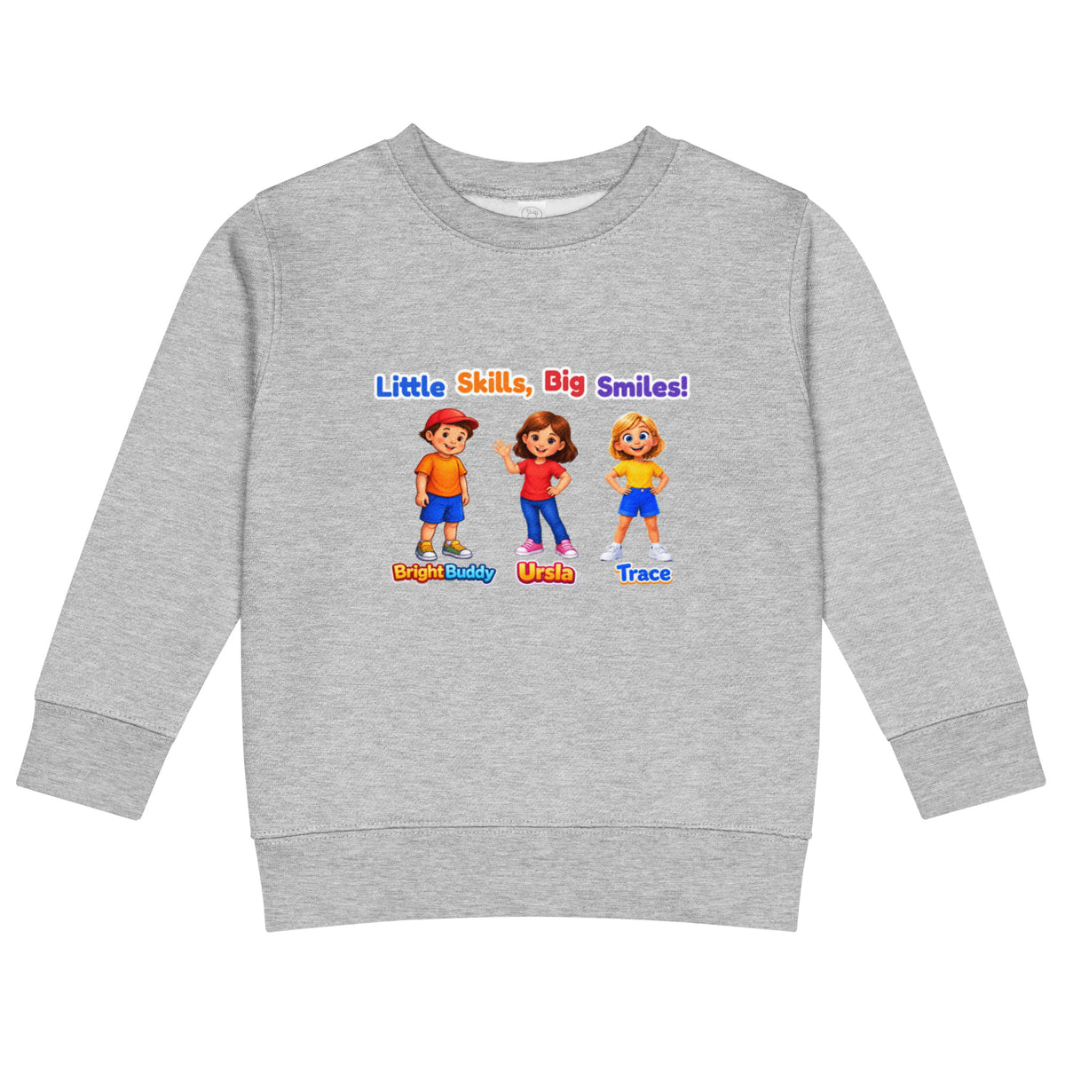 BrightBuddySkills kids crew neck sweatshirt in heather, front view, featuring BrightBuddy, Ursla and Trace
