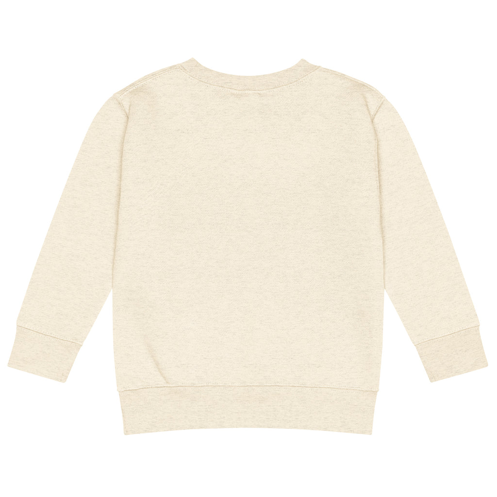 BrightBuddySkills kids crew neck sweatshirt, natural heather, back view — product mockup