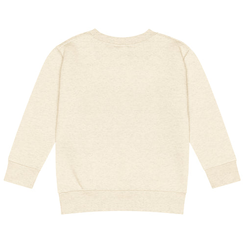 BrightBuddySkills kids crew neck sweatshirt, natural heather, back view — product mockup