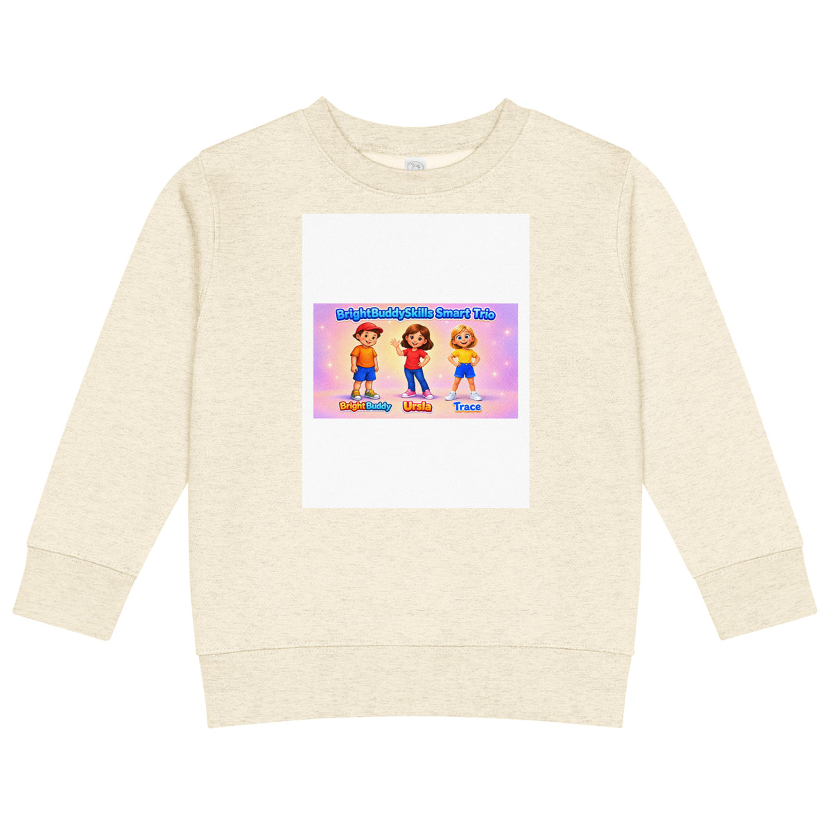 BrightBuddySkills kids crew neck sweatshirt, natural heather, front view — product mockup