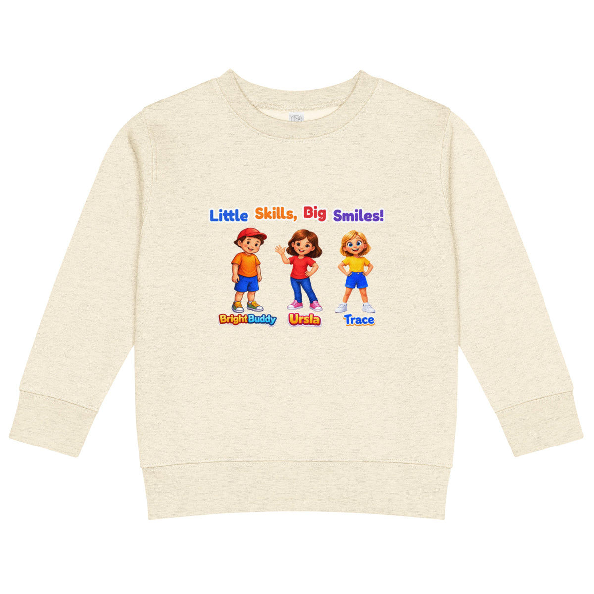 BrightBuddySkills kids crew neck sweatshirt in natural heather, front view, Little Skills Big Smiles design with BrightBuddy, Ursla and Trace