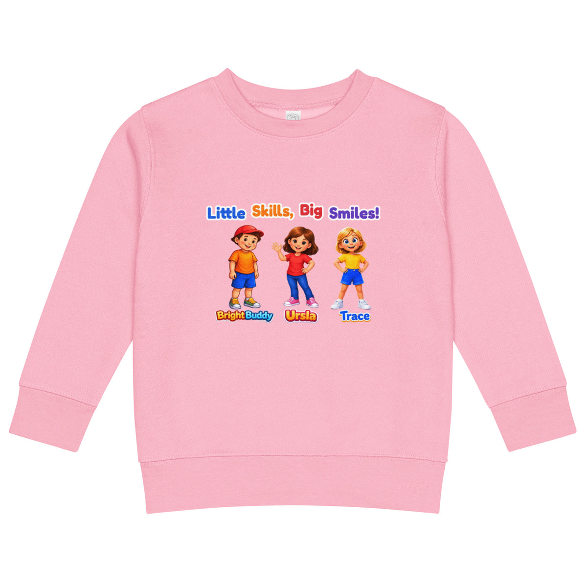BrightBuddySkills kids crew neck sweatshirt in pink, front view, featuring BrightBuddy, Ursla and Trace