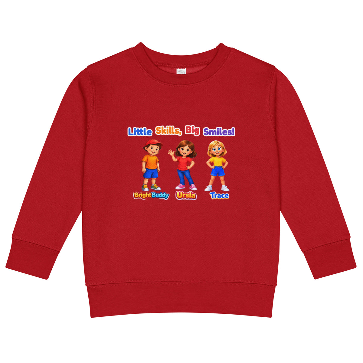 BrightBuddySkills kids crew neck sweatshirt in red, front view, featuring BrightBuddy, Ursla and Trace