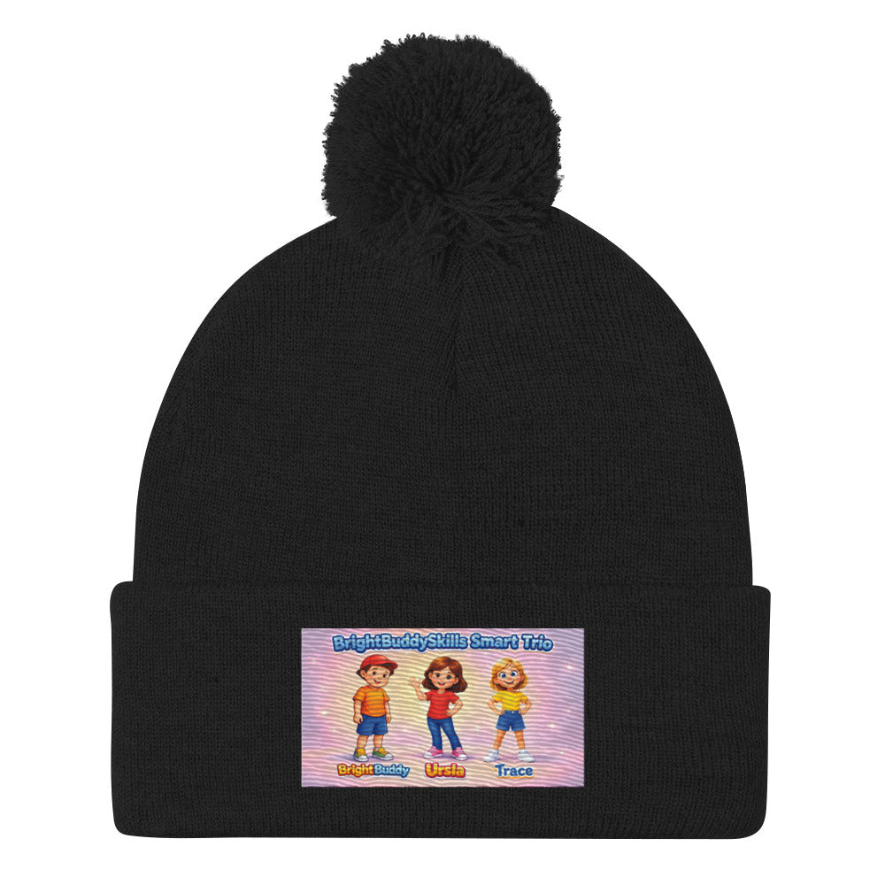 BrightBuddySkills Smart Trio pom-pom knit beanie, black, front view — product mockup