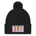 BrightBuddySkills Smart Trio pom-pom knit beanie, black, front view — product mockup