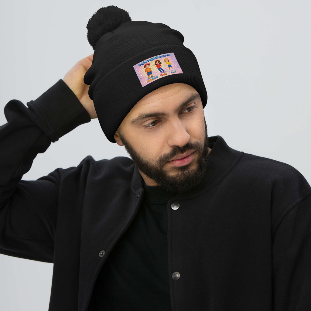 BrightBuddySkills Smart Trio pom-pom knit beanie, black, front view — product mockup