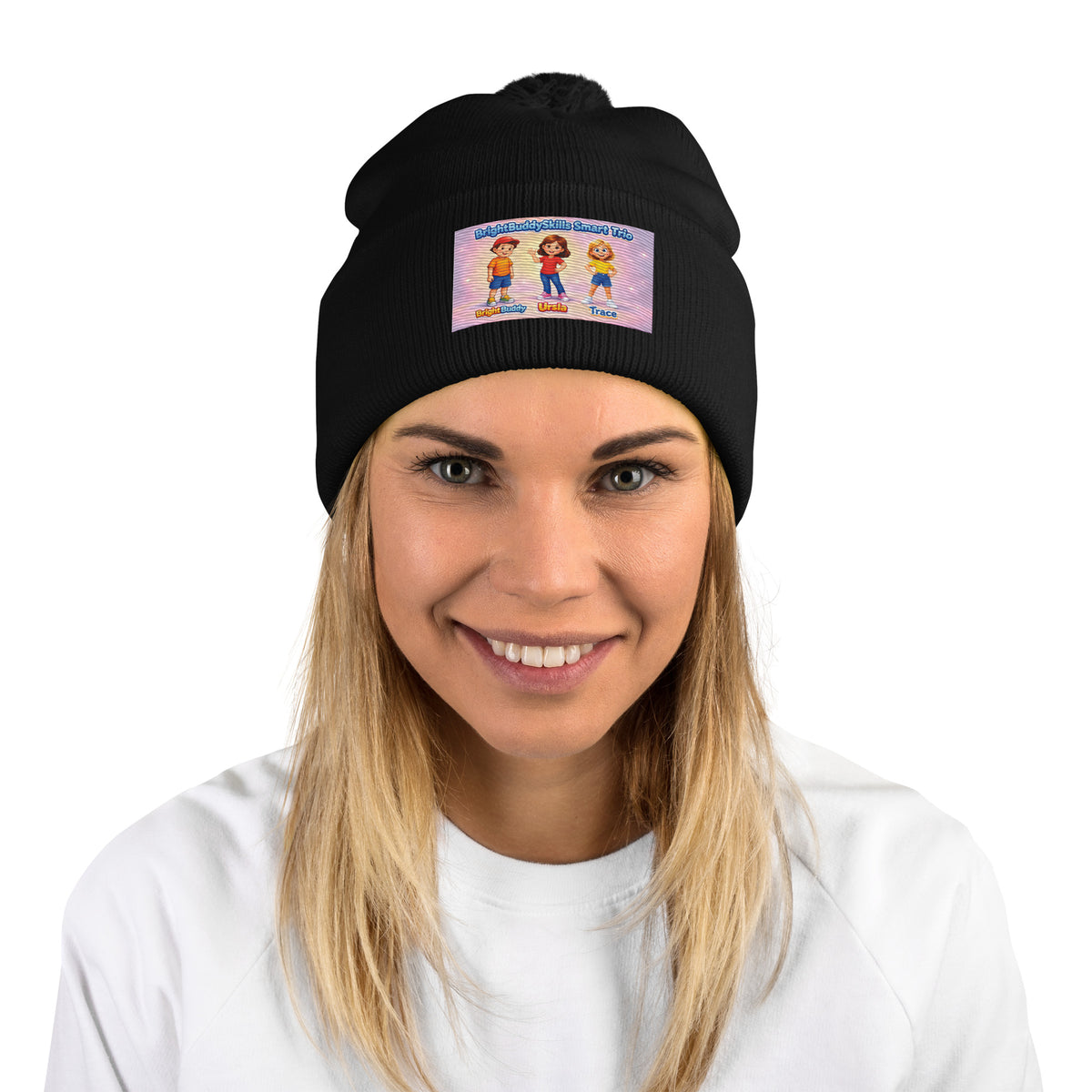 BrightBuddySkills Smart Trio pom-pom knit beanie, black, front view — product mockup
