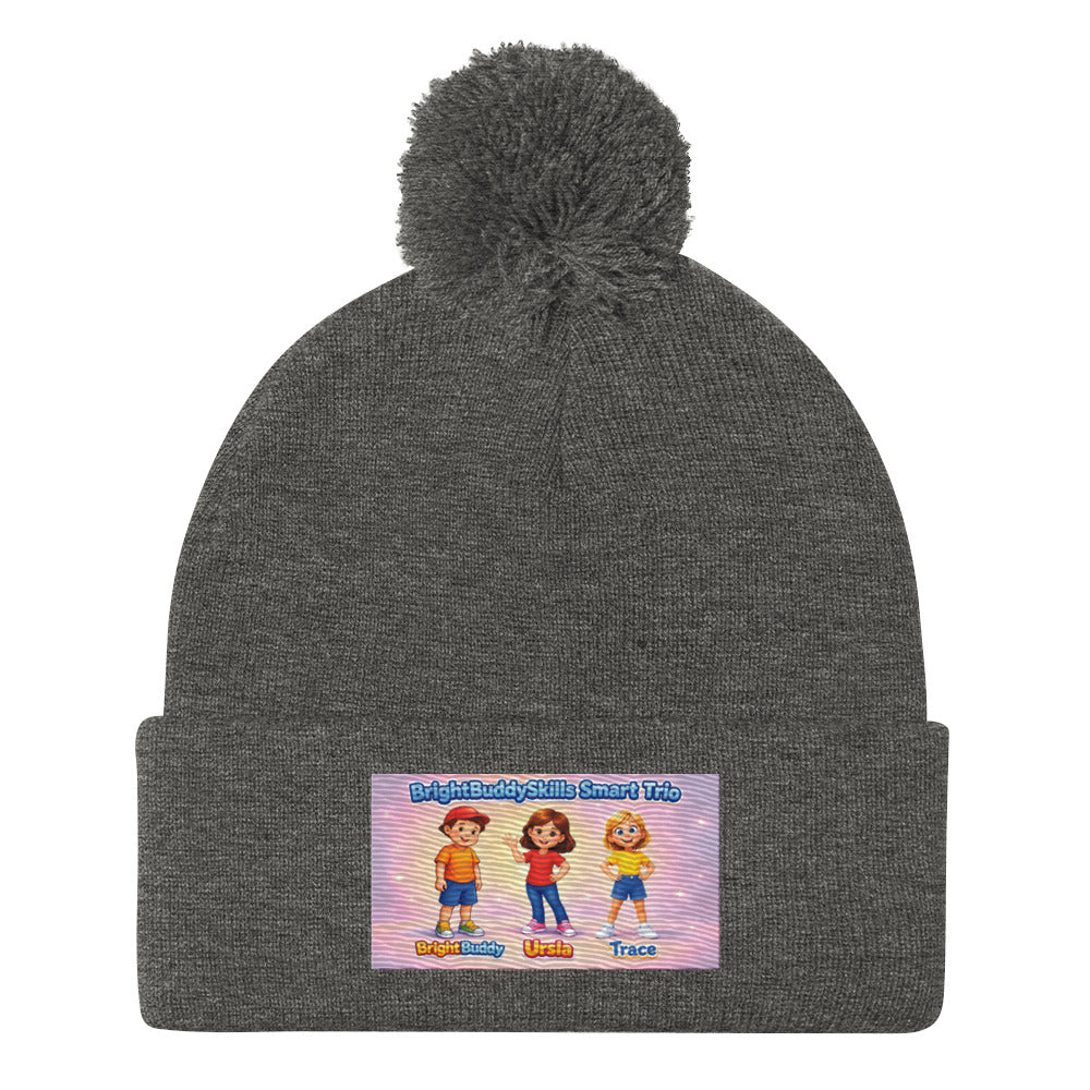 BrightBuddySkills Smart Trio pom-pom knit beanie, dark heather grey, front view — product mockup