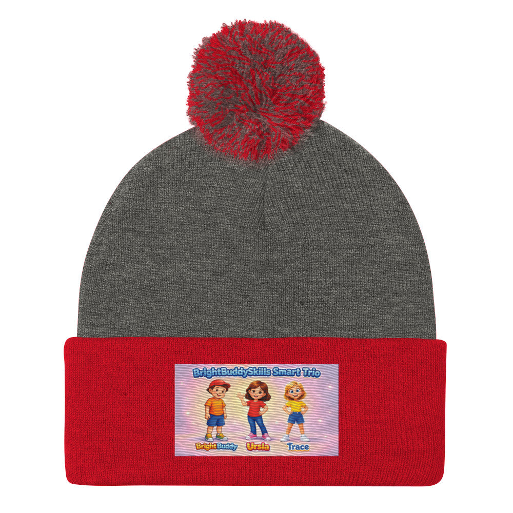 BrightBuddySkills Smart Trio pom-pom knit beanie, dark heather grey/red, front view — product mockup