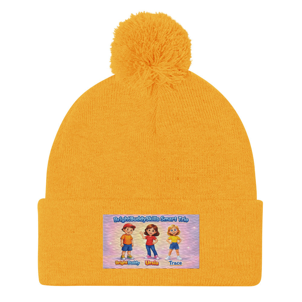BrightBuddySkills Smart Trio pom-pom knit beanie, gold, front view — product mockup