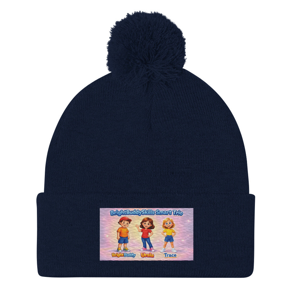 BrightBuddySkills Smart Trio pom-pom knit beanie, navy, front view — product mockup