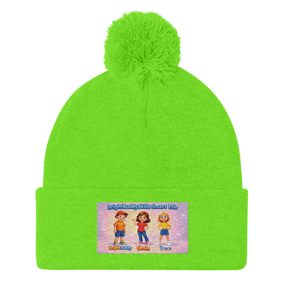 BrightBuddySkills Smart Trio pom-pom knit beanie, neon green, front view — product mockup
