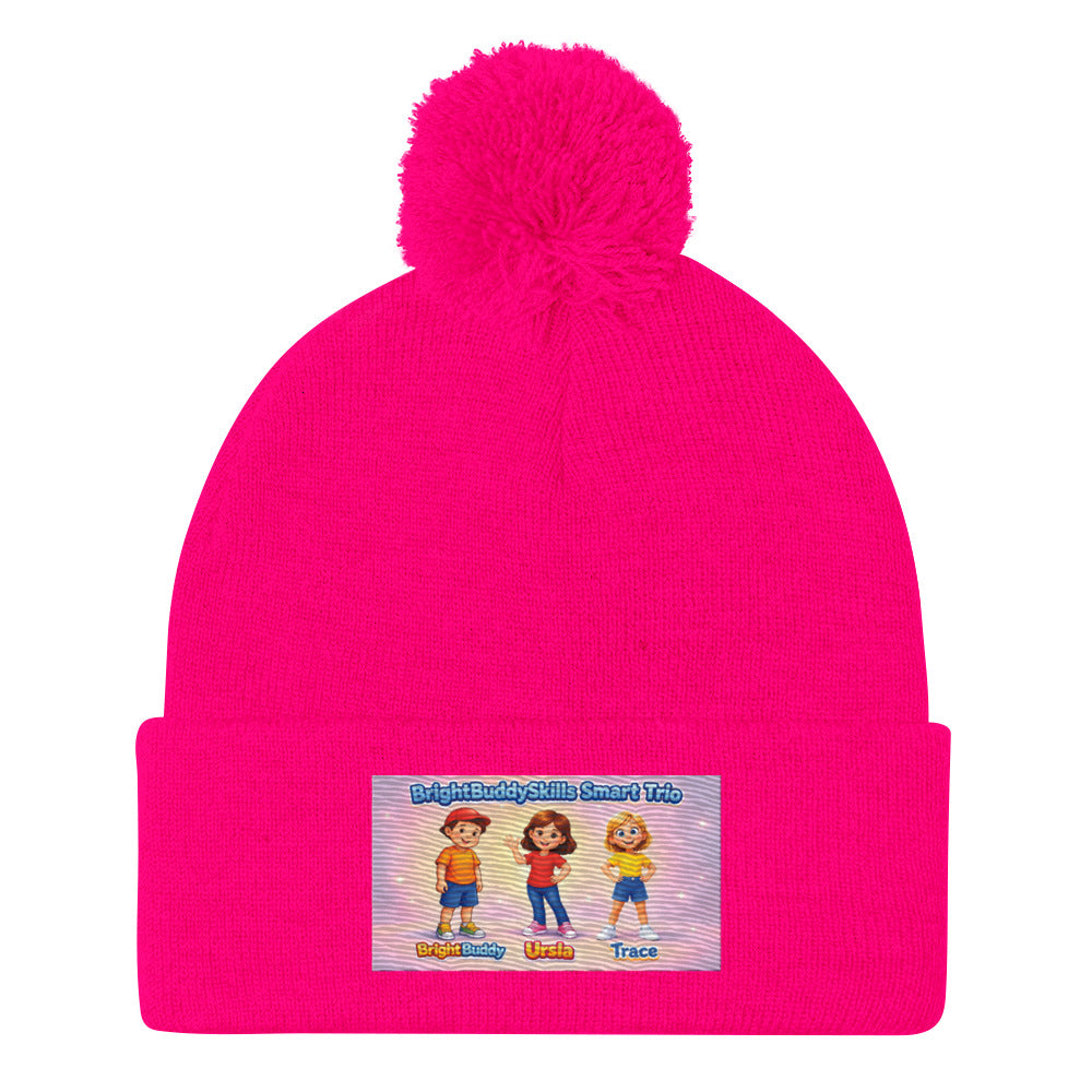 BrightBuddySkills Smart Trio pom-pom knit beanie, neon pink, front view — product mockup