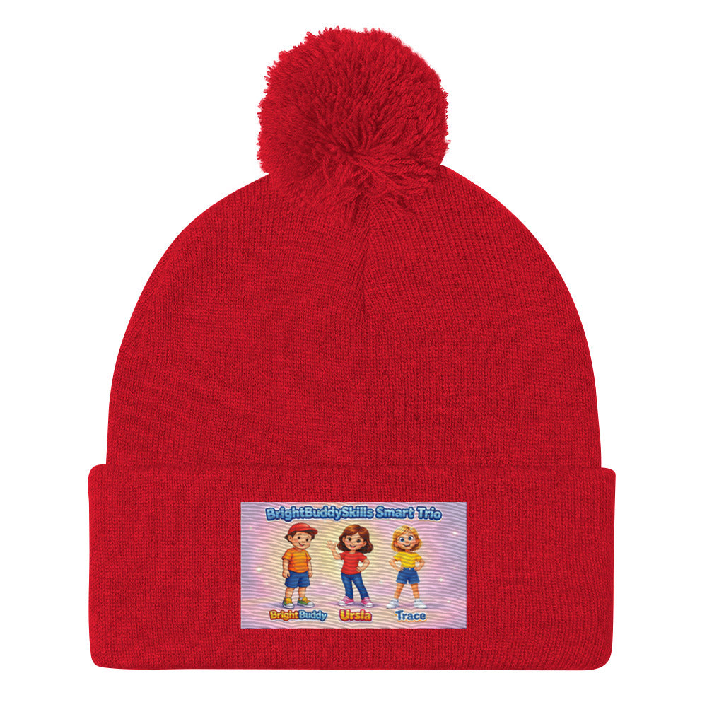 BrightBuddySkills Smart Trio pom-pom knit beanie, red, front view — product mockup