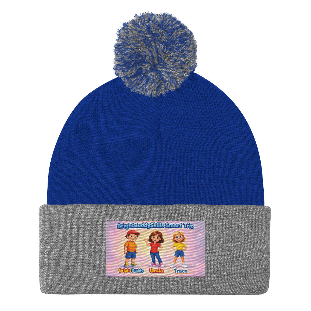 BrightBuddySkills Smart Trio pom-pom knit beanie, royal/heather grey, front view — product mockup