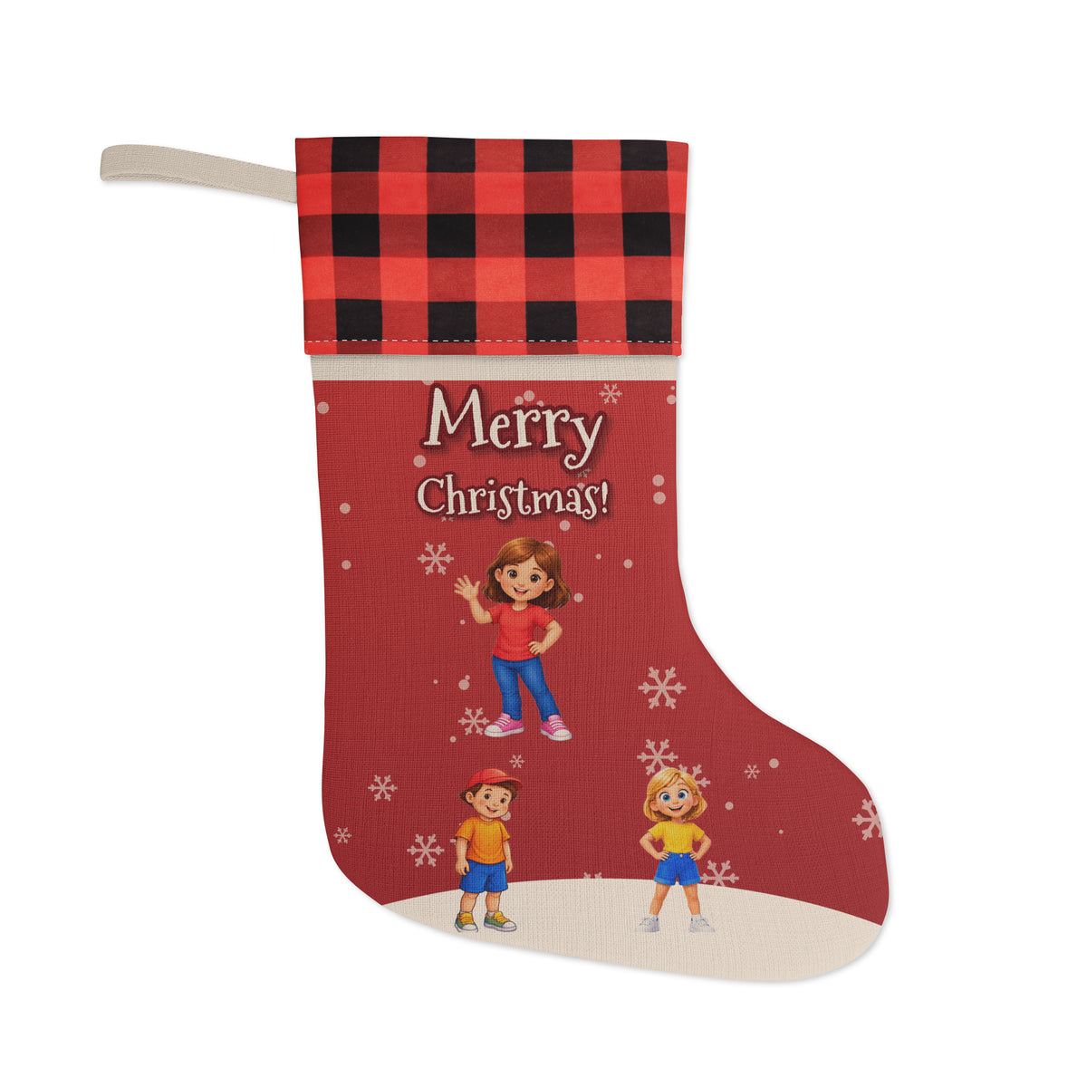 Merry Christmas Smart Trio Christmas Stocking – red/black plaid cuff, front view