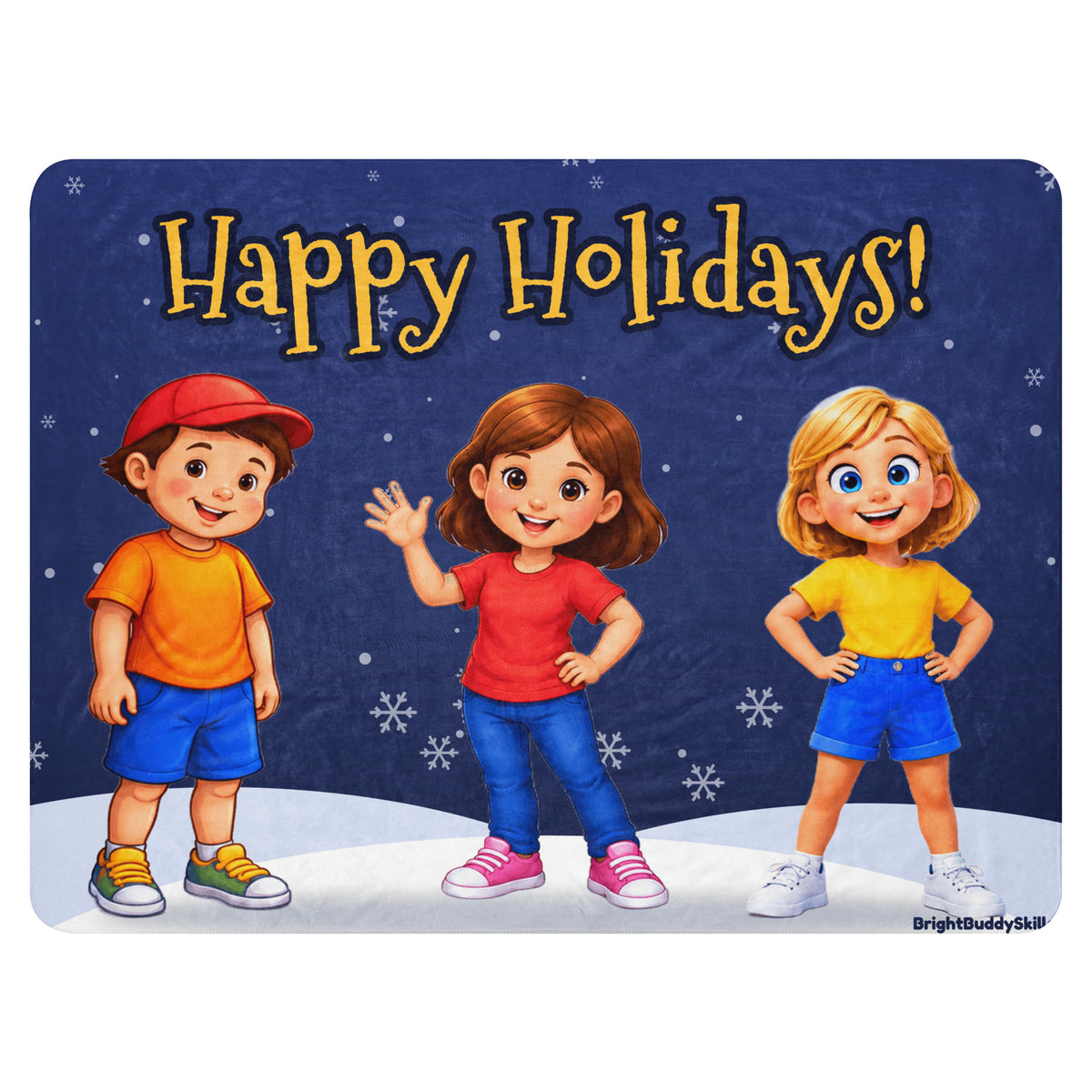 Happy Holidays Smart Trio Sherpa Blanket 60×80″ – front, Smart Trio on navy blue
