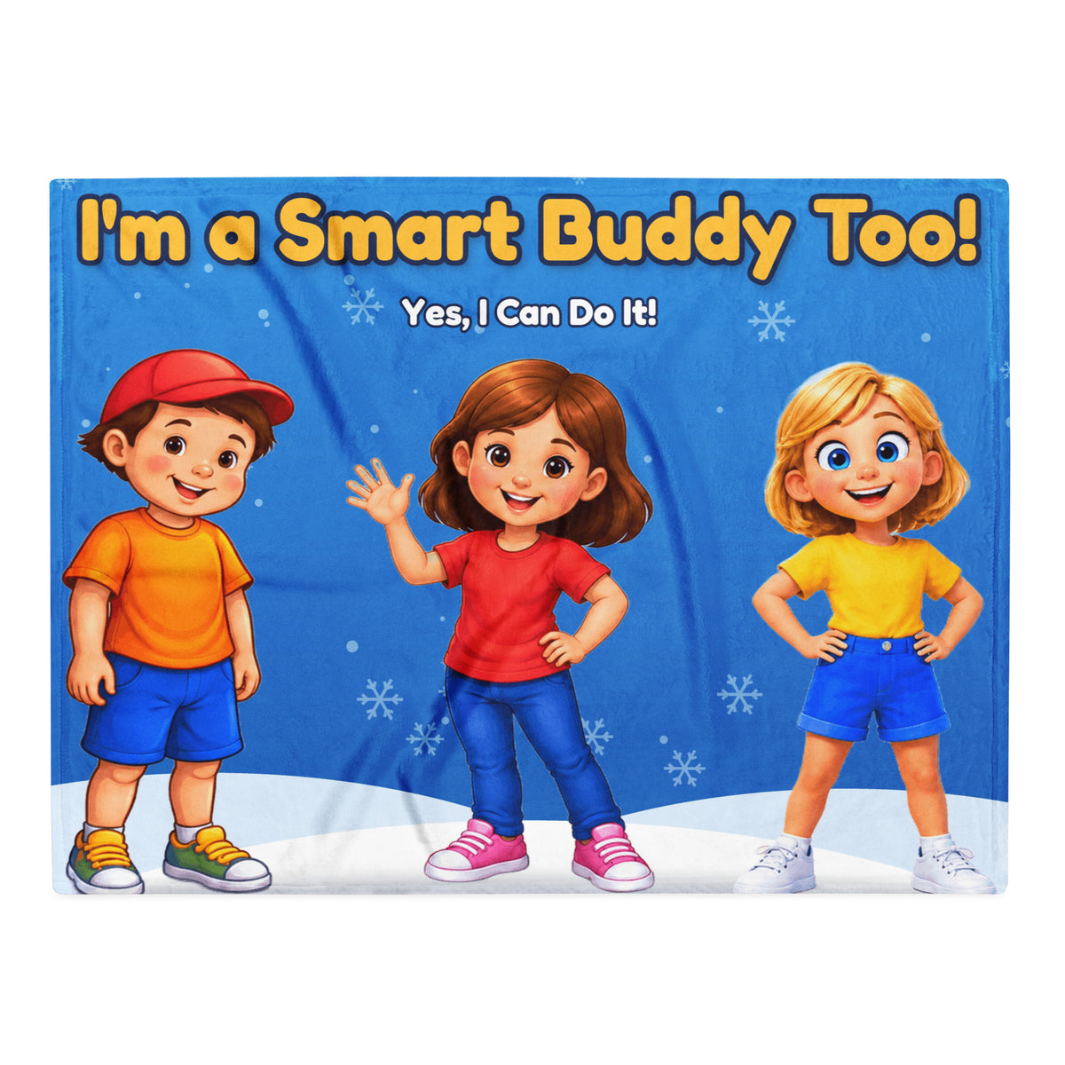 I'm a Smart Buddy Too! Throw Blanket 30×40″ – Smart Trio on a bright blue snowy background