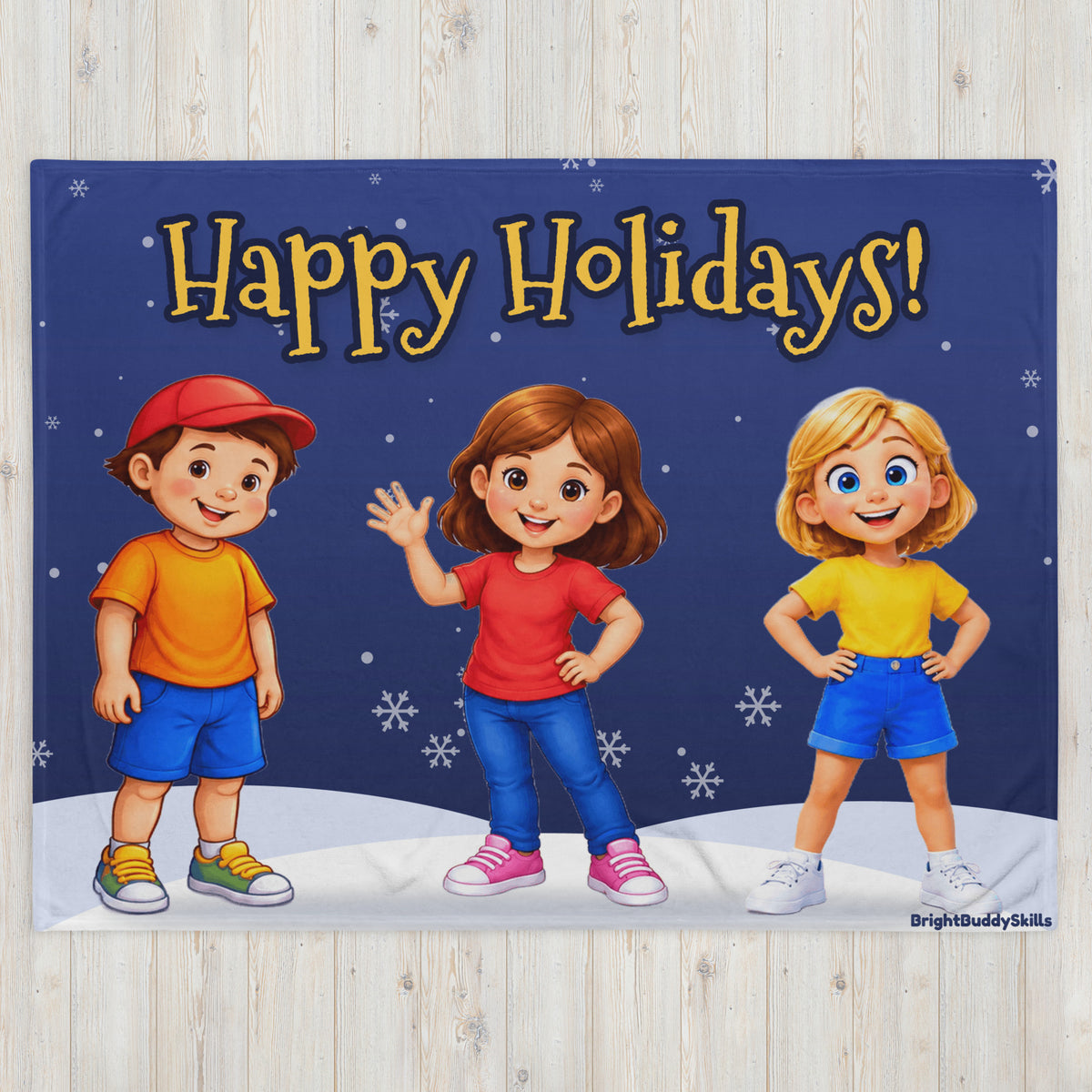 Happy Holidays Smart Trio Throw Blanket 60×80″ – Smart Trio in the snow on navy blue