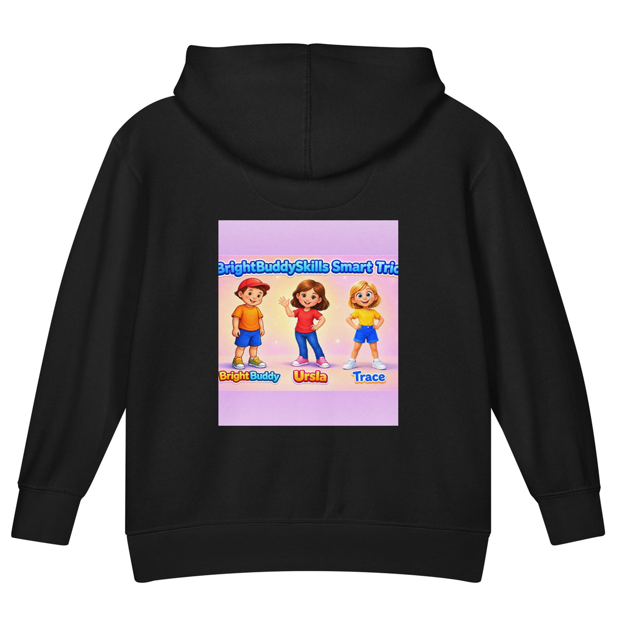 BrightBuddySkills Smart Trio Kids Hoodie in black, back view