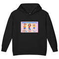BrightBuddySkills Smart Trio Kids Hoodie in black, front view, featuring BrightBuddy, Ursla and Trace