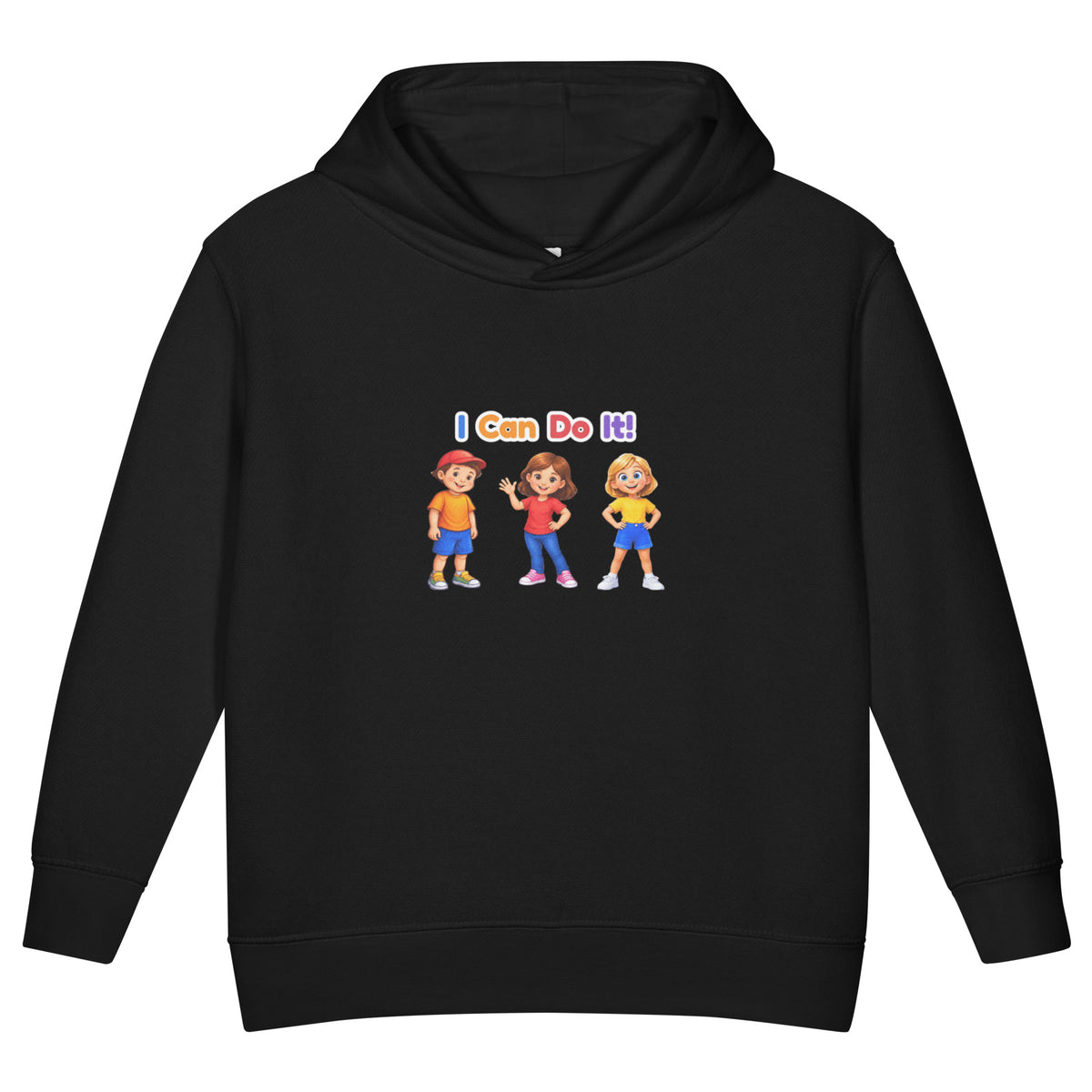 BrightBuddySkills toddler fleece pullover hoodie in black, front view, featuring BrightBuddy, Ursla and Trace
