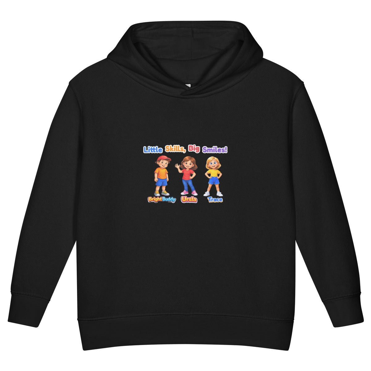 BrightBuddySkills Smart Trio kids hoodie in black, front view, featuring BrightBuddy, Ursla and Trace
