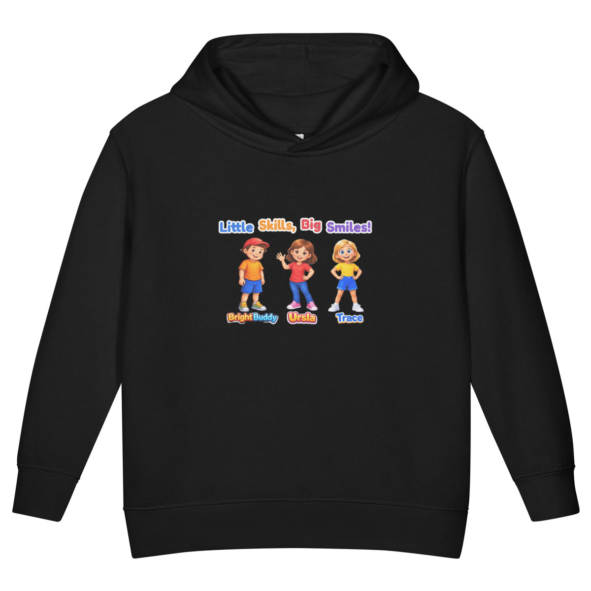BrightBuddySkills Smart Trio kids hoodie in black, front view, featuring BrightBuddy, Ursla and Trace