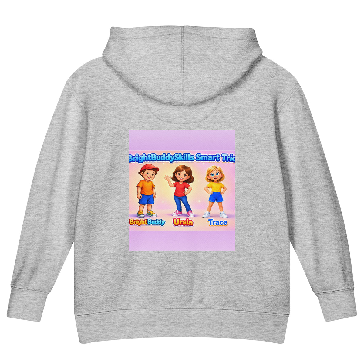 BrightBuddySkills Smart Trio kids hoodie in heather grey, back view