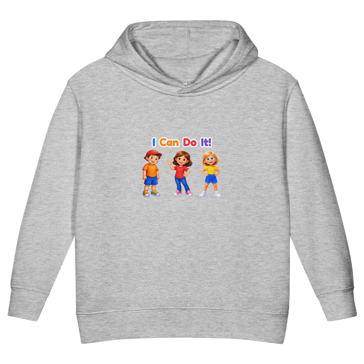 BrightBuddySkills toddler fleece pullover hoodie in heather grey, front view, featuring BrightBuddy, Ursla and Trace