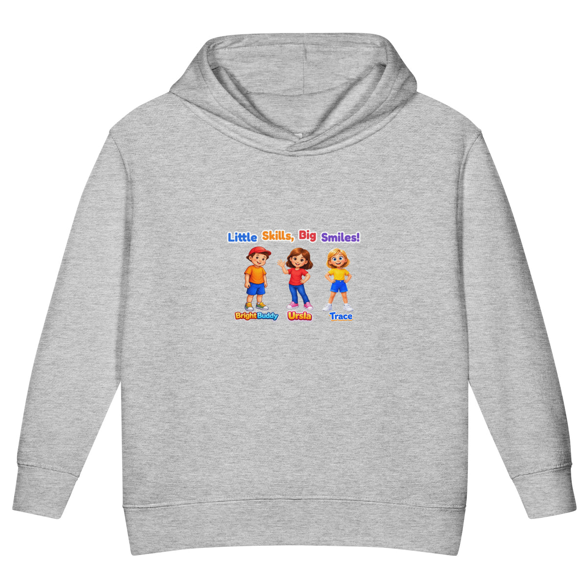 BrightBuddySkills Smart Trio kids hoodie in heather grey, front view, featuring BrightBuddy, Ursla and Trace